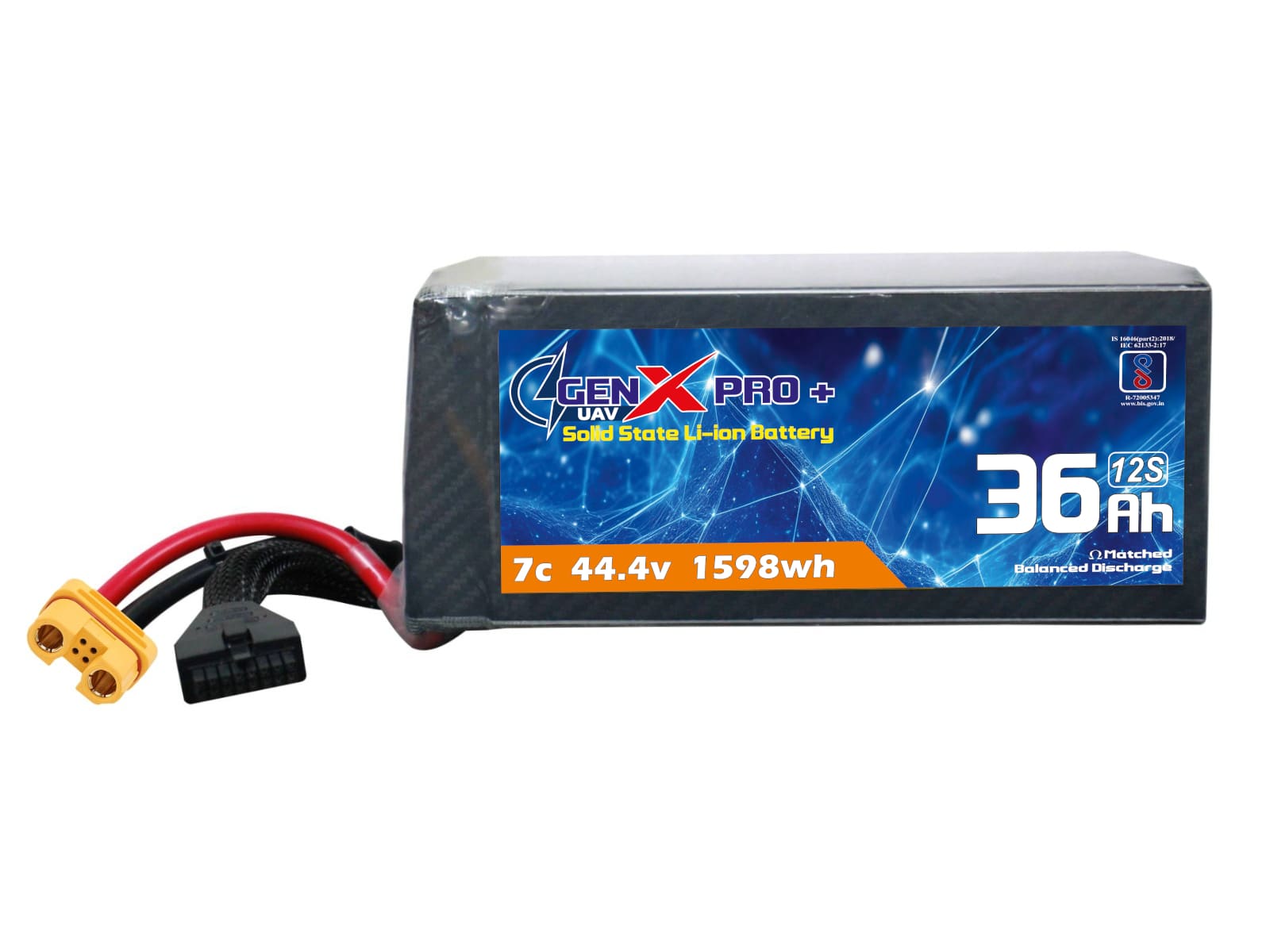 44.4V · 12S · 36000mAh · 7C — GenX Pro+ · Solid-State Series UAV battery pack