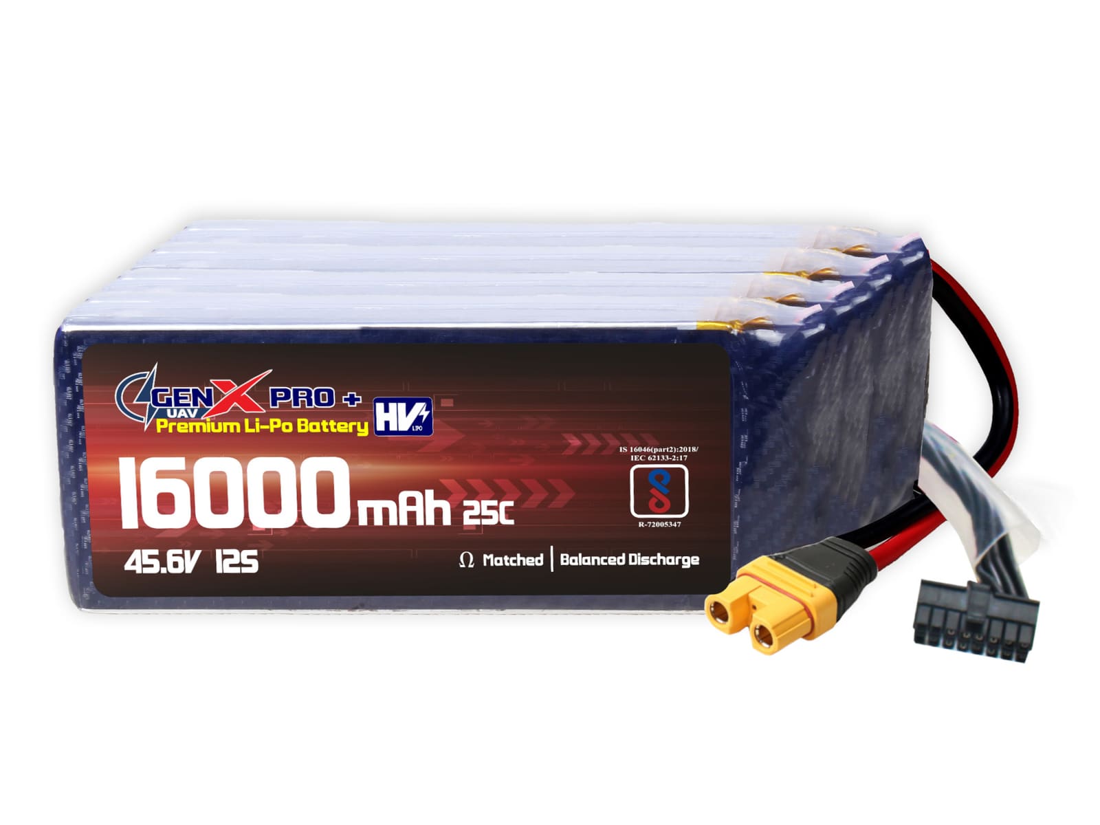 45.6V · 12S · 16000mAh · 40C — GenX LiPo Series UAV battery pack