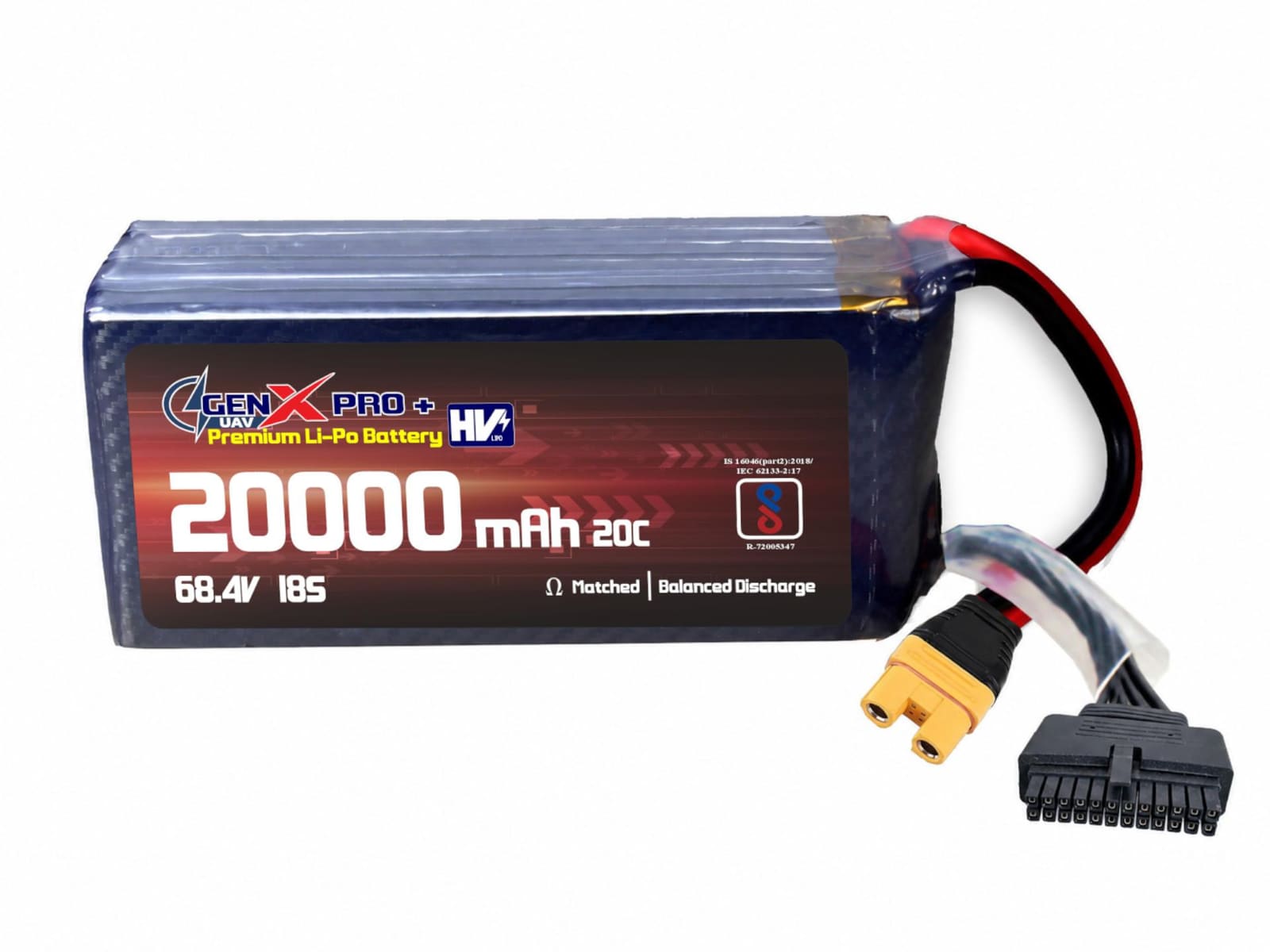 68.4V · 18S · 20000mAh · 40C — GenX LiPo Series UAV battery pack