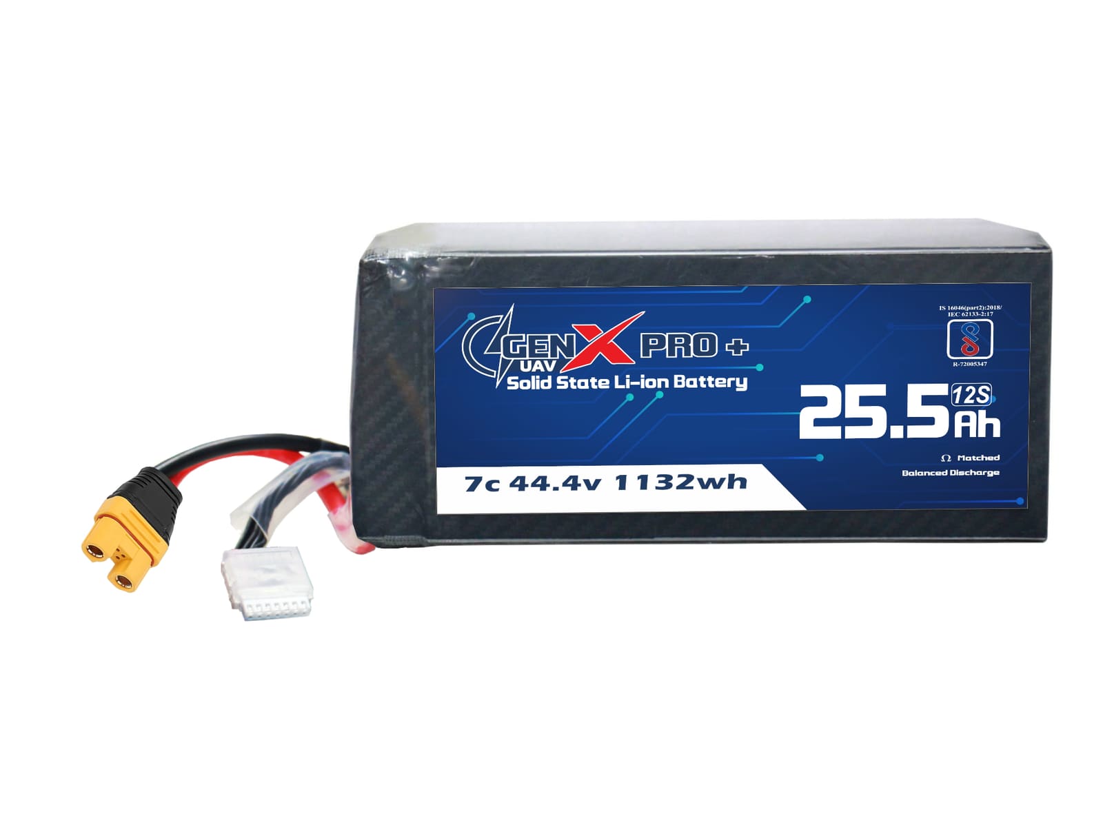 44.4V · 12S · 25500mAh · 3C — GenX Pro+ · Solid-State Series UAV battery pack